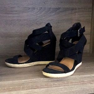 Brash high heel black suede strappy wedges